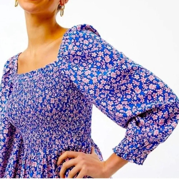 J. Crew Factory Viscose Blue Ditsy Floral Smocked Midi Dress. Size XL. - Picture 15 of 16